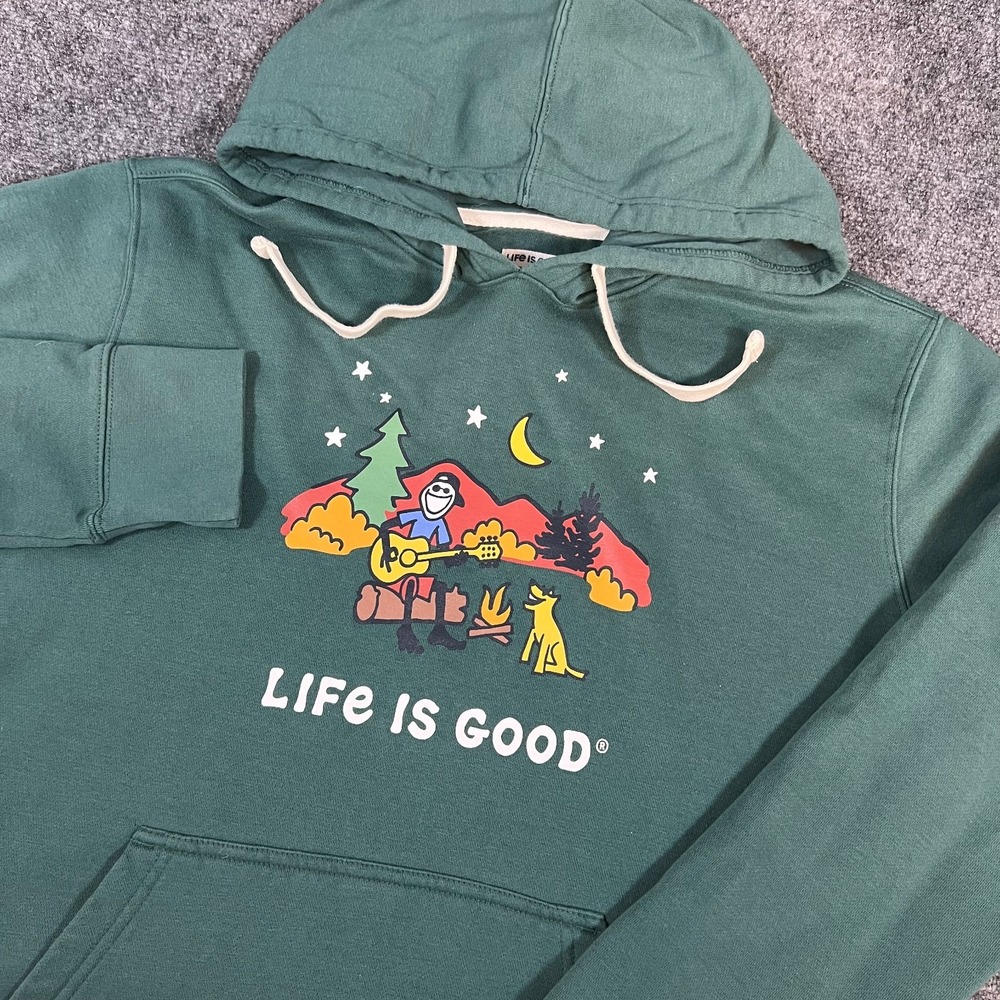 Life Is Good Fleece Hooded Sweatshirt | LS | Jake Campfire Guitar | Green | L